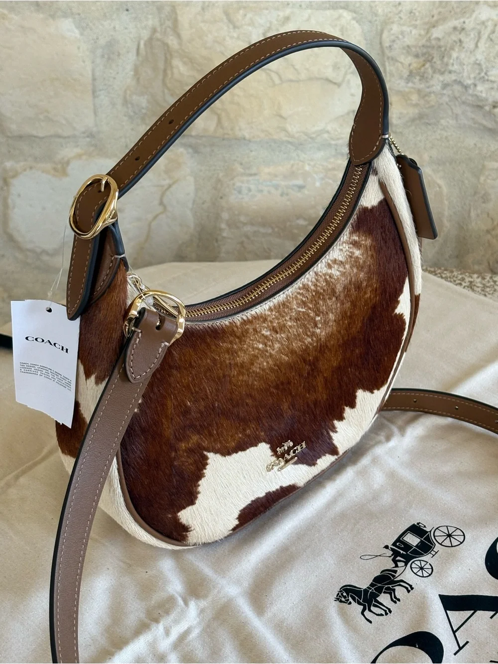 Coach Cowhide Calf Hair Shoulder Bag Brown White Leather Crossbody Purse Western